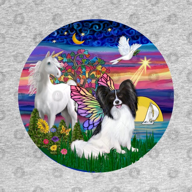 Twilight at the Shore with a Papillon & Unicorn by Dogs Galore and More